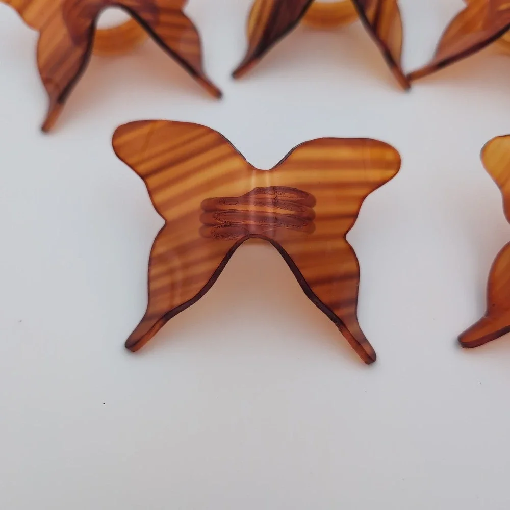 Vintage Acrylic Butterfly Napkin Rings Set 6 Amber Tortoiseshell Retro MCM